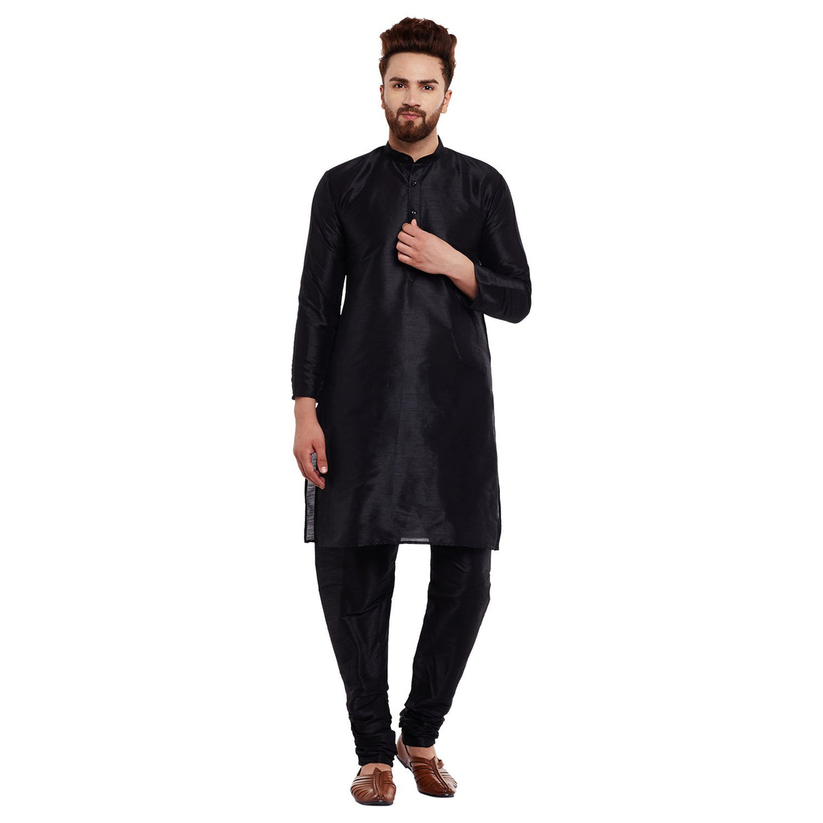 SOJANYA (Since 1958 Mens Black Silk Blend Kurta & Churidaar Pyjama Set Size M