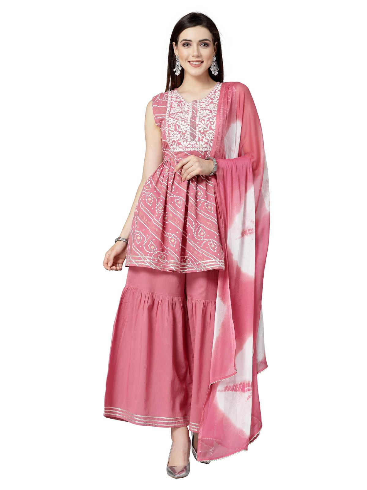 Stylum Women'S Bandhej Printed & Embroidered Cotton Kurta Sharara Dupatta Set (Ksdmorjim44_Mulberry, Xxl)