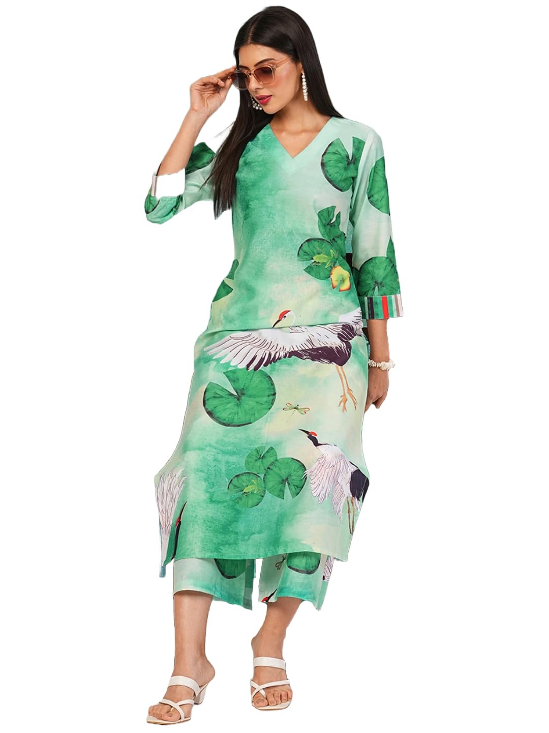 ANNI DESIGNER Women s Cotton Blend Kurta with Palazzo, See Green, XL