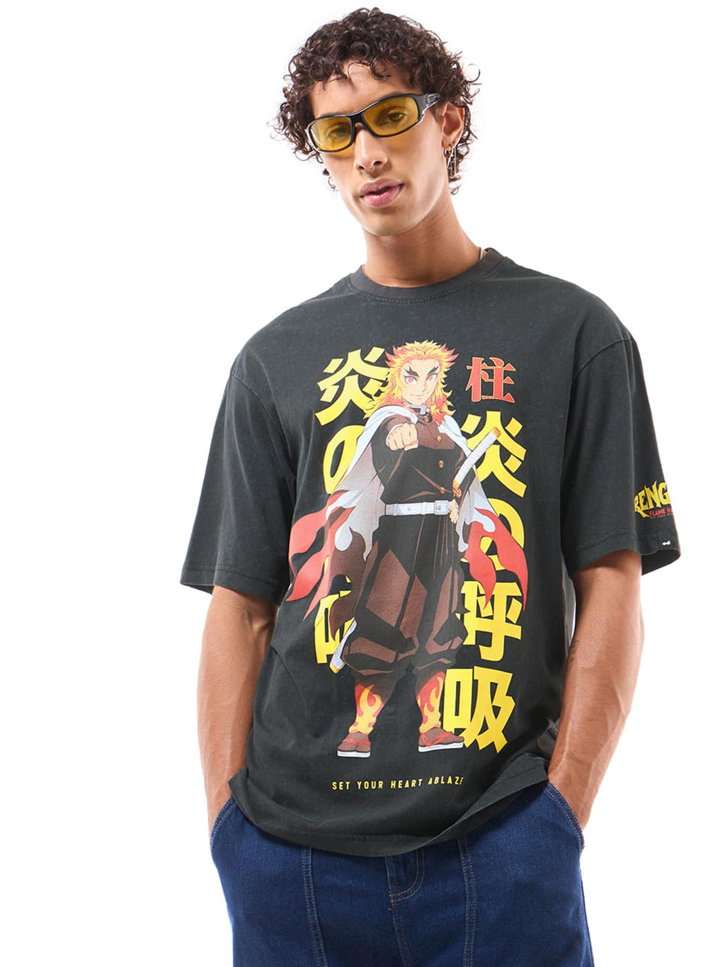Bewakoof Official Demon Slayer Merchandise Rengoku Mens Graphic Printed Oversized Fit Half Sleeve Round Neck Pure Cotton T-Shir