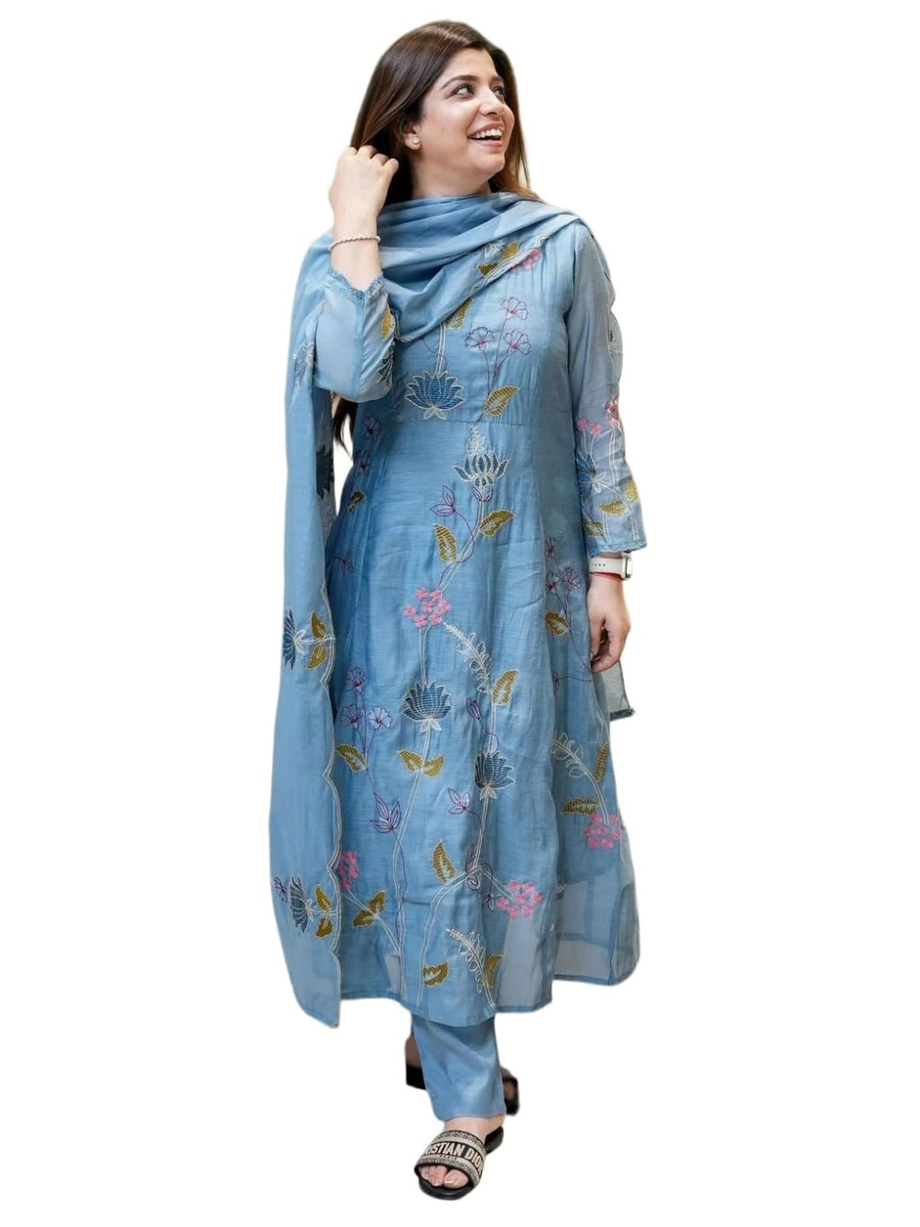 ANNI Designer Womens Rayon Viscose A-Line Embroidery Kurta with Pant & Dupatta (ESHANI BLUE-VKS01_M_Blue_Medium)
