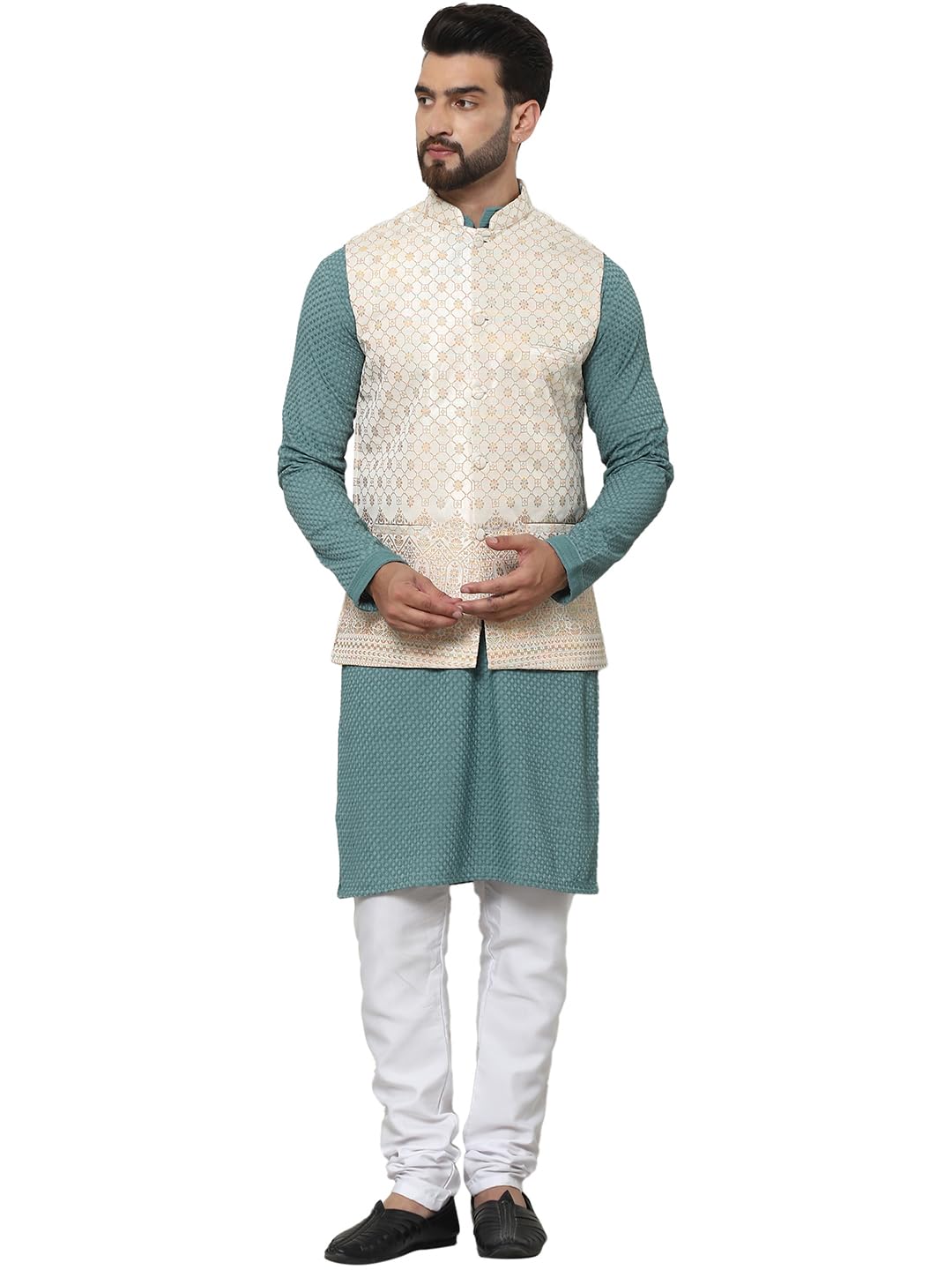 Sojanya (Since 1958 Pure Cotton Sea Green Kurta And White Pyjama With Cream Nehru Jacket