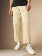 Dennis Lingo Mens Beige Solid Cotton Loose Fit Cargo Trouser