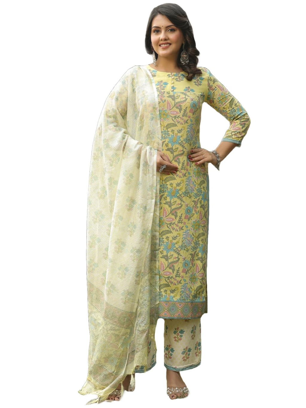 ANNI DESIGNER Ladies Rayon Blend Straight Print Kurta with Trousers and Dupatta, green, XL
