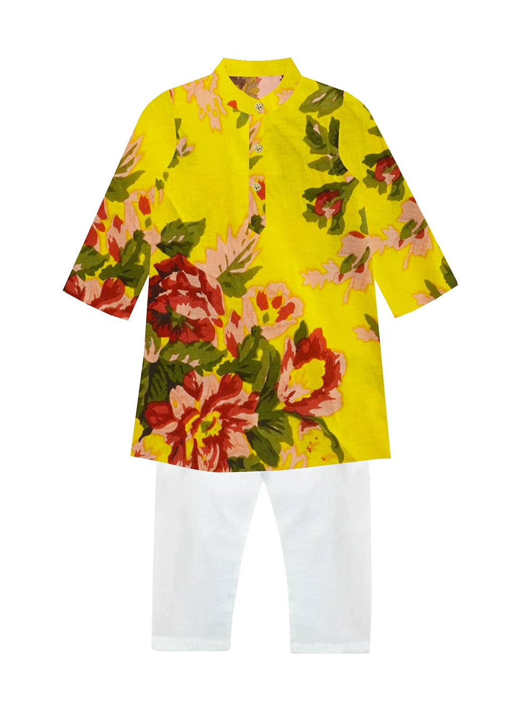 A.T.U.N. (ALL THINGS UBER NICE) Boys Regular Kurta Pyjama Set (BKLS FLW_Yellow-Multi-White 4-5 Years)