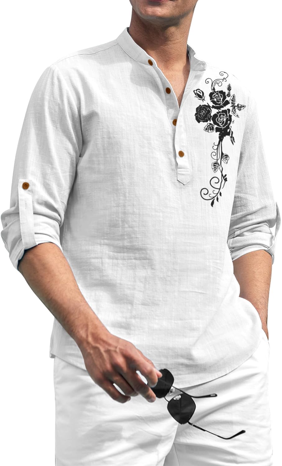 Zombom MenS Cotton Blend Mandarin Collar Self One Design Printed Full Sleeve Casual Short Kurta Shirt White