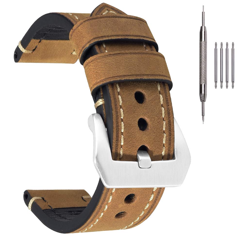 EACHE Mens Watch Band, 24mm Crazy Horse Genuine Leather Vintage Watch Bracelet Strap, Tan-Silver Hardware