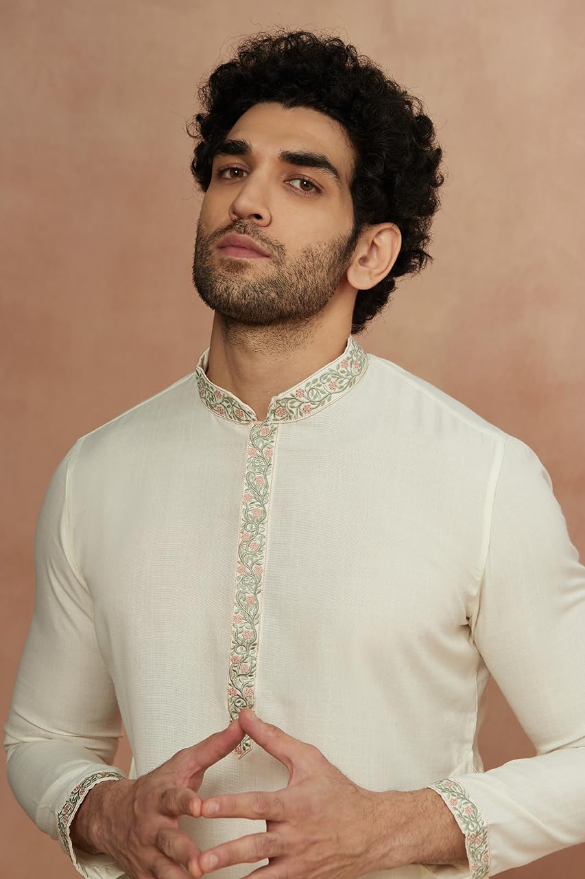 Manyavar Mens Warm White Blended Viscose Solid Kurta Pyjama Set