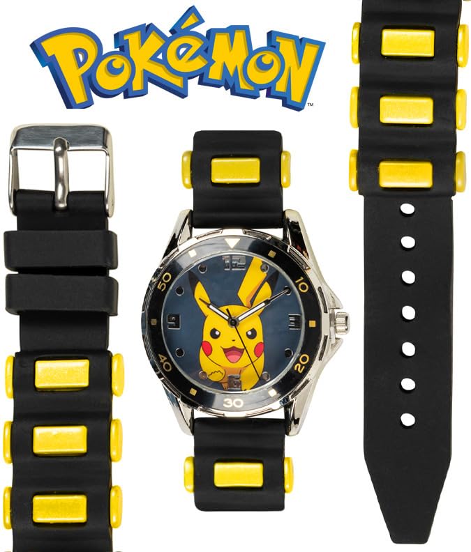 Accutime Kids Pokemon Pikachu Analog Quartz Wrist Watch with Black & Yellow Strap, Cool Inexpensive Gift & Party Favor for Boys,