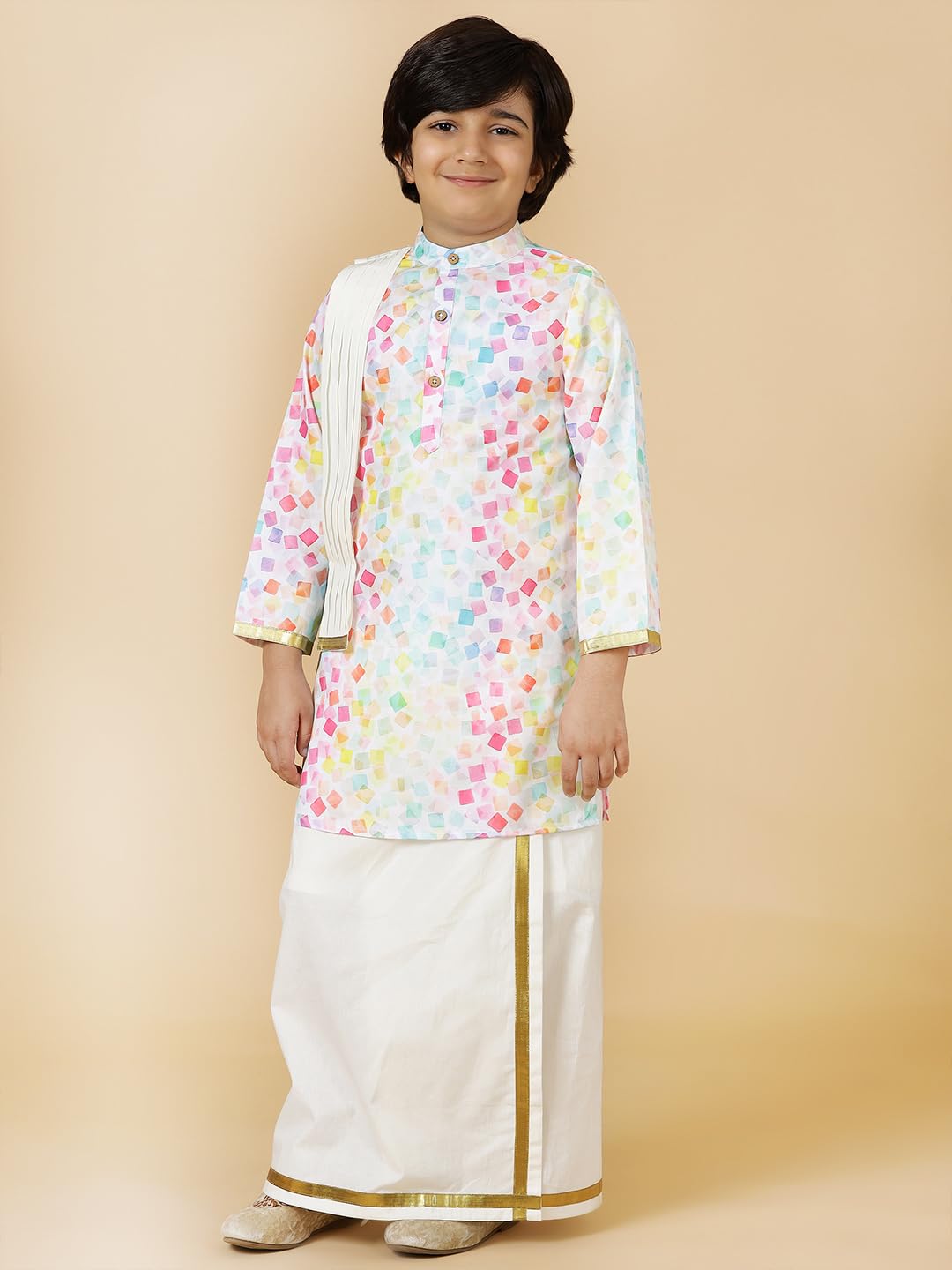 A.T.U.N. (ALL THINGS UBER NICE) Boys Cube Printed Kurta with Elasticated Mundu with Underneath Shorts Set
