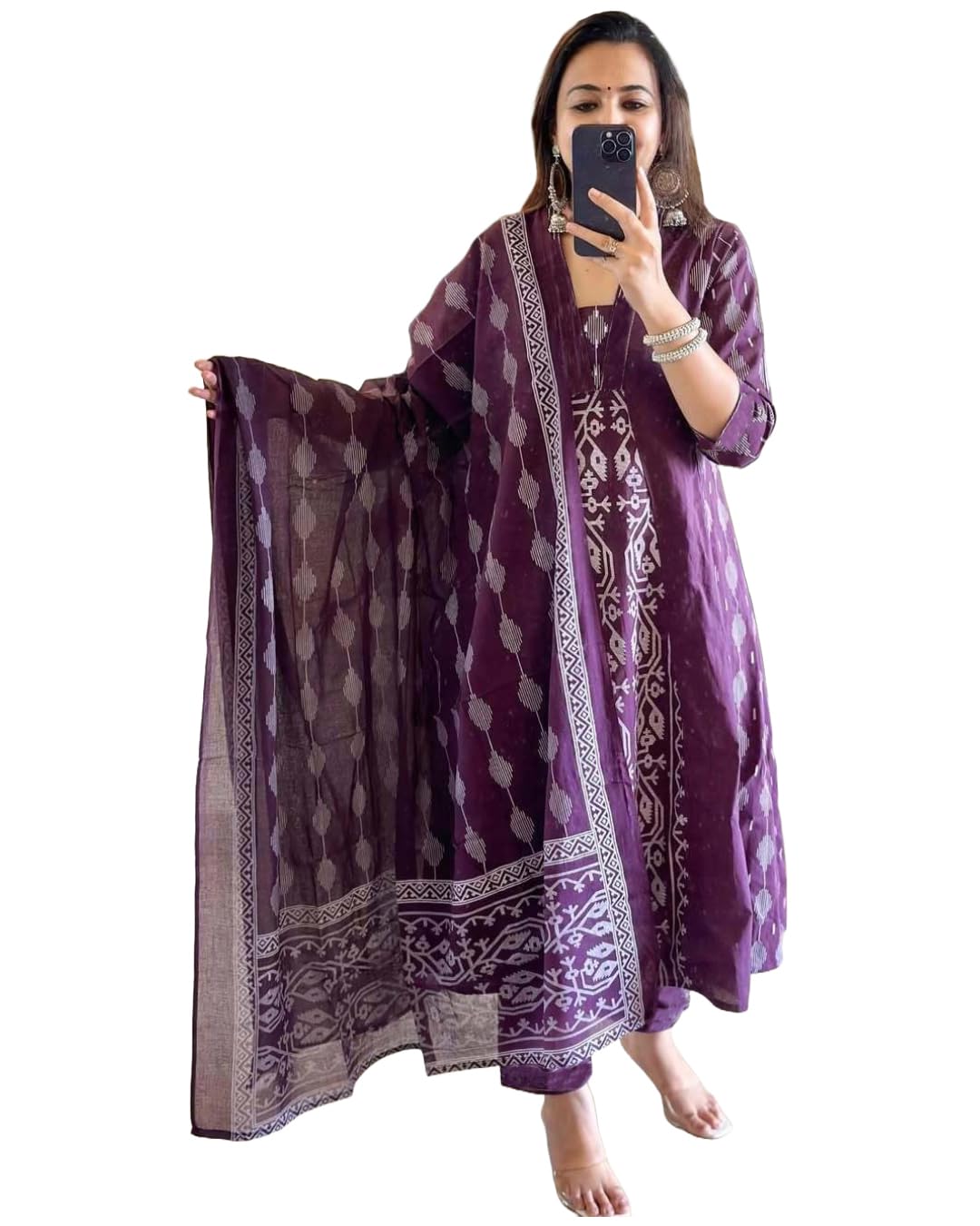 ANNI DESIGNER Womens Rayon Viscose Printed Anarkali Kurta with Pant & Dupatta (JARRY Wine_S_Wine_Small)