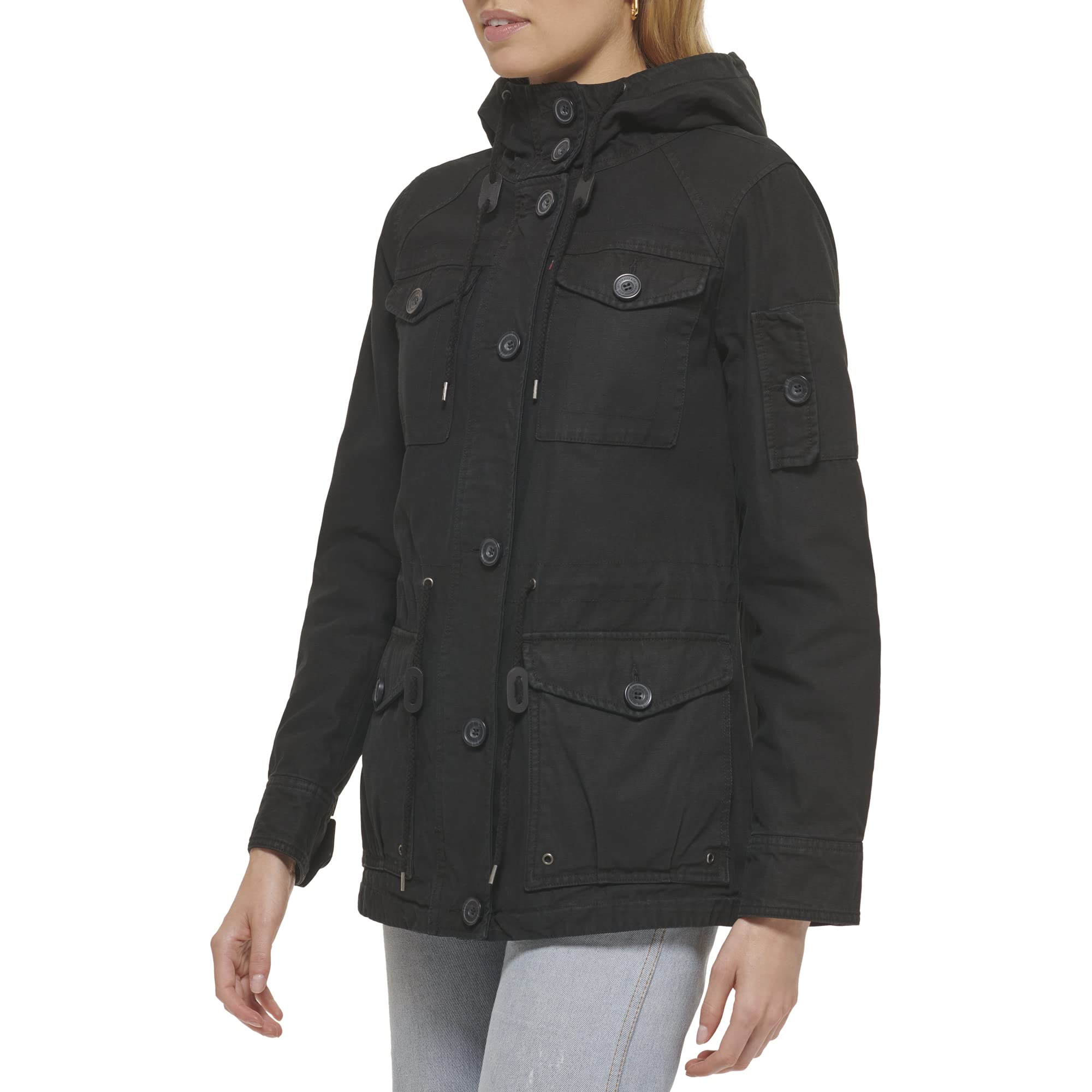 Levi's Women's Cotton Four Pocket Hooded Field Jacket, black, L