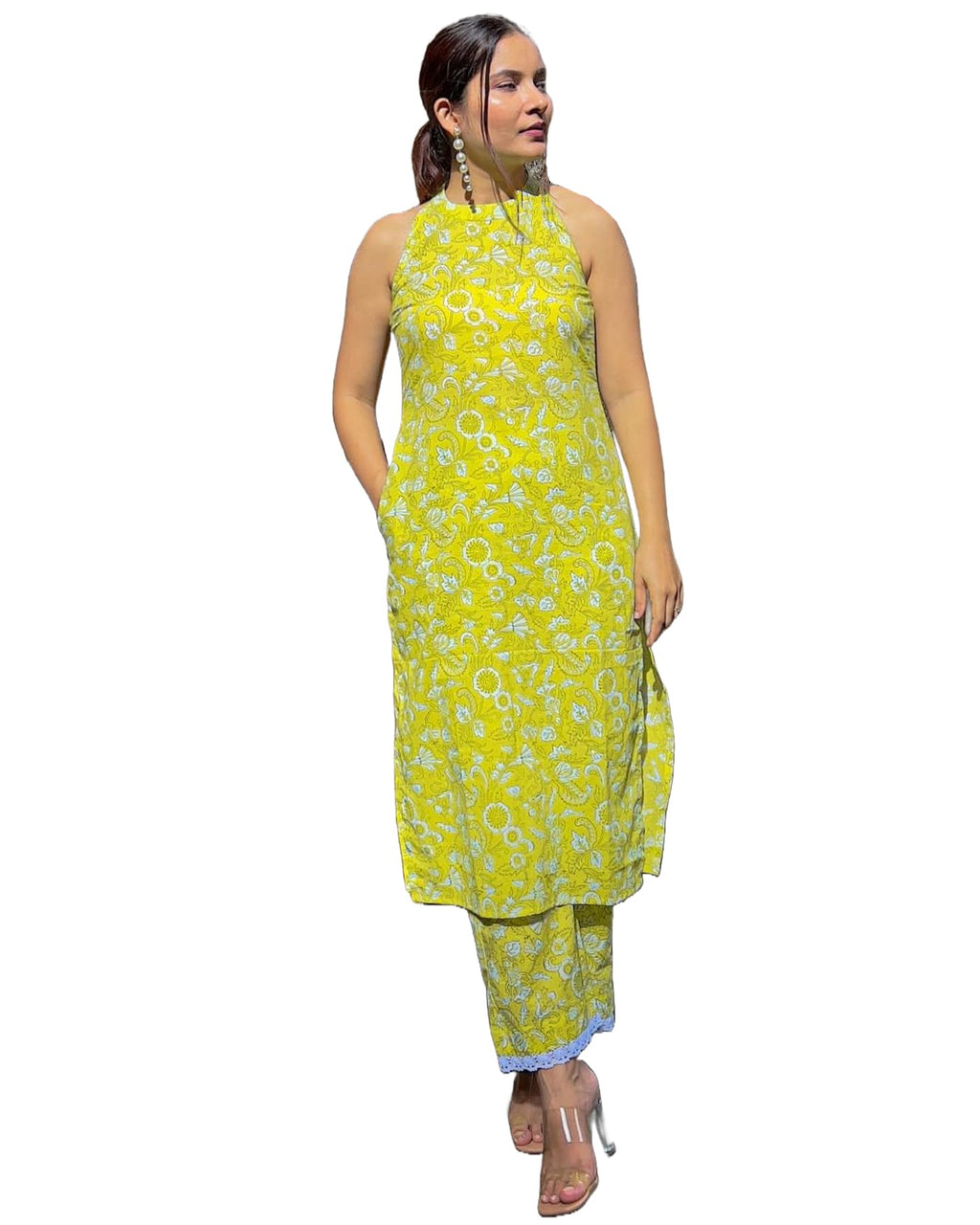 ANNI DESIGNER Women s Rayon Blend Printed Straight Kurta with Pants, Green, 44