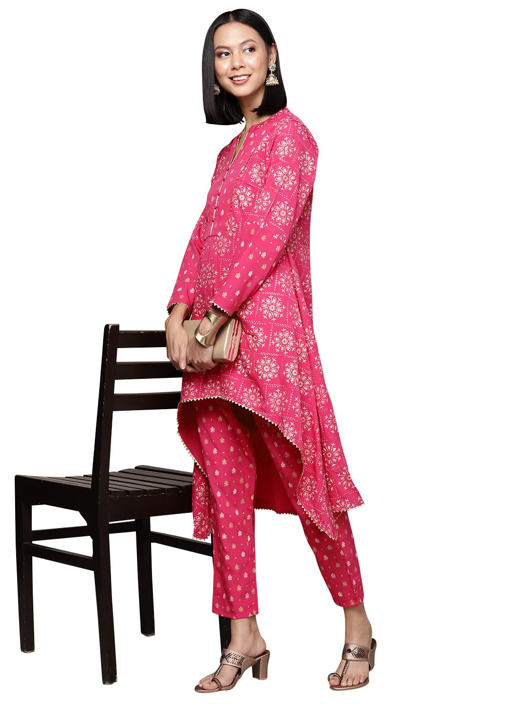 Ziyaa Art Silk Women'S Pink Chinon Flared Kurta And Pant Set (Zikuch3915Andpa-S