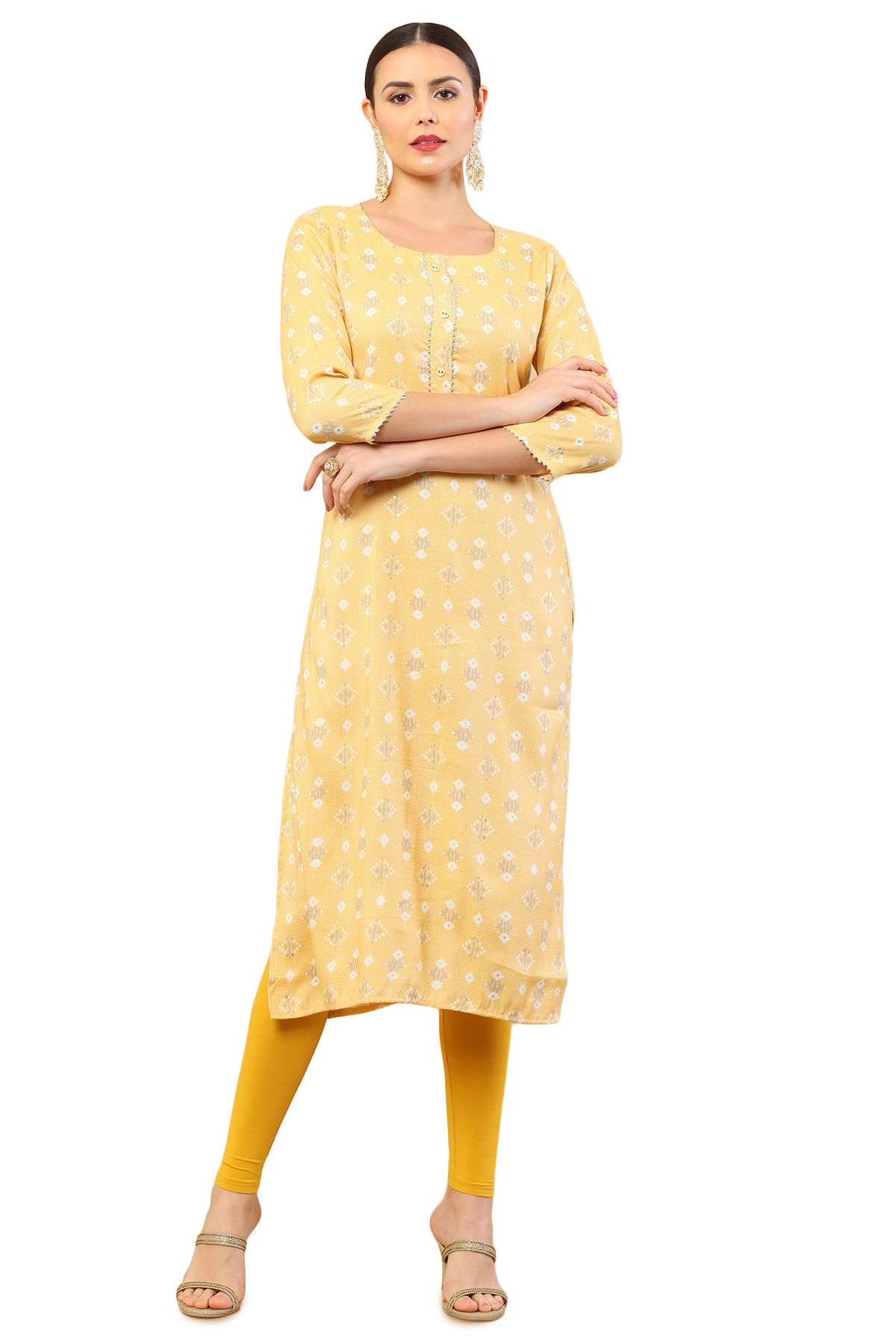 Soch Mustard Rayon Kurta With Printed Designs And Gota Patti