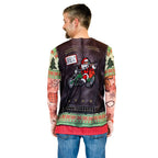 Faux Real Men's 3D Photo-Realistic Ugly Christmas Sweater Long Sleeve T-Shirt, Biker Xmas Tattoo, Large