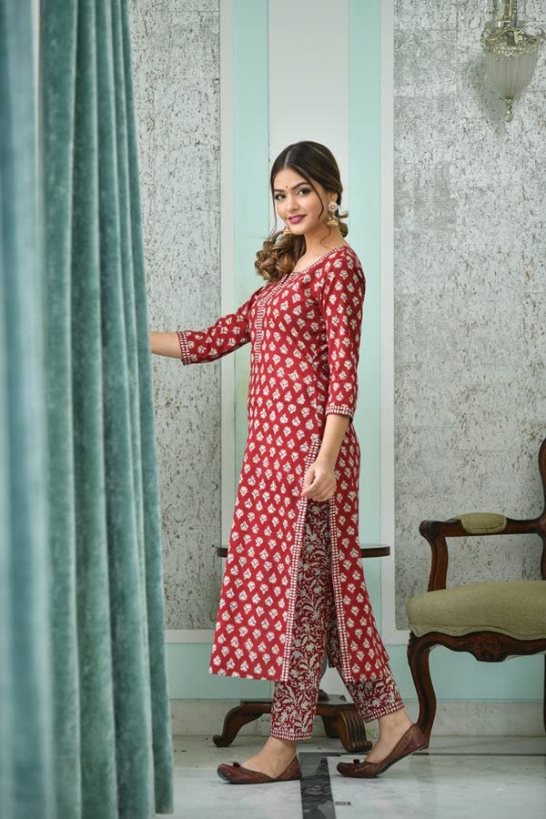 Anni Designer Women'S Cotton Blend Floral Printed Straight Kurta With Pants & Dupatta (Tasya)