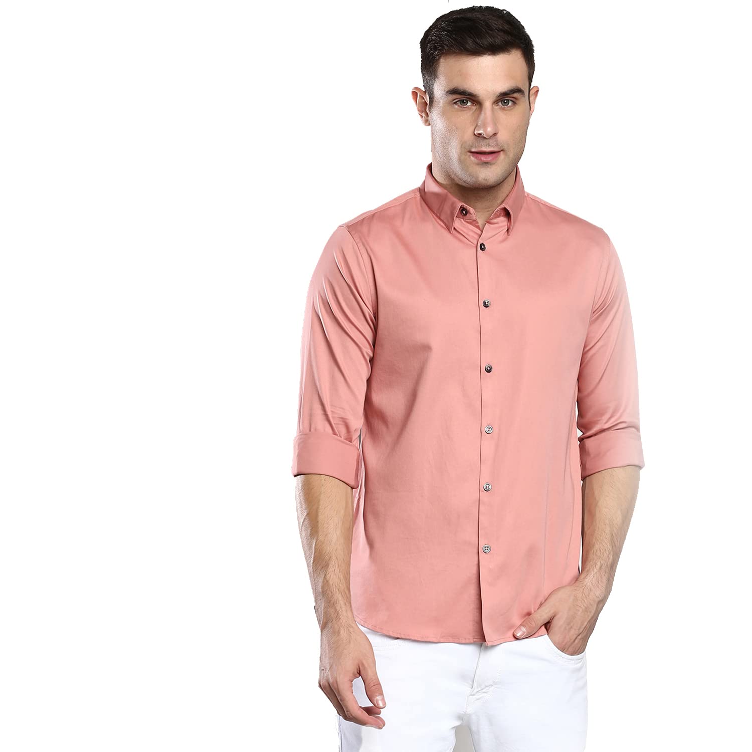 Dennis Lingo MenS Solid Brown Slim Fit Satin Lycra Casual Shirt With Concealed Button Down & Full Sleeves