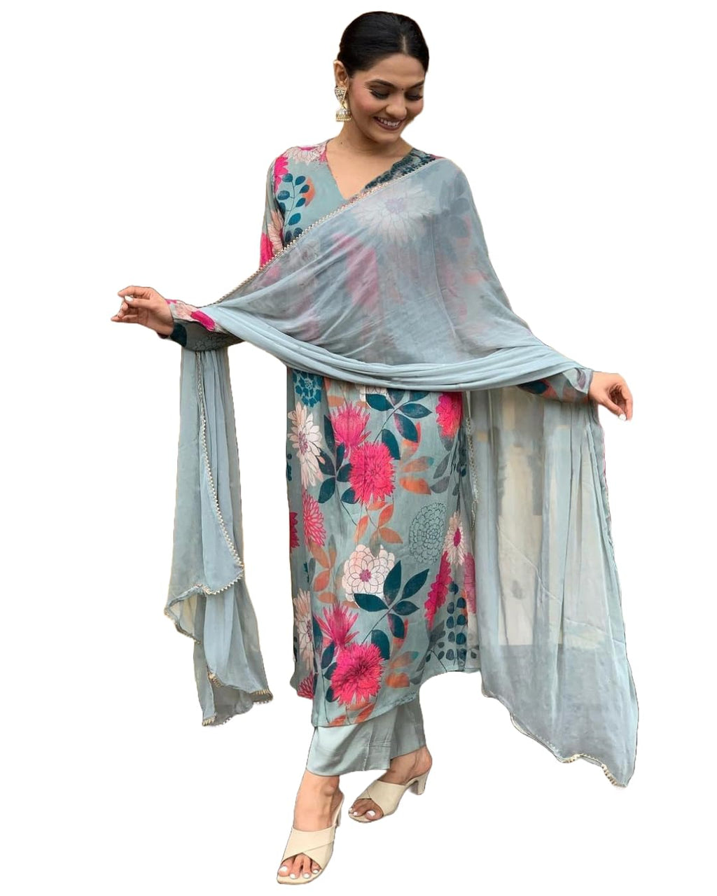 ANNI DESIGNER Womens Cotton Blend Straight Printed Kurta with Pant & Dupatta (AD312 Green_L_Green_Large)