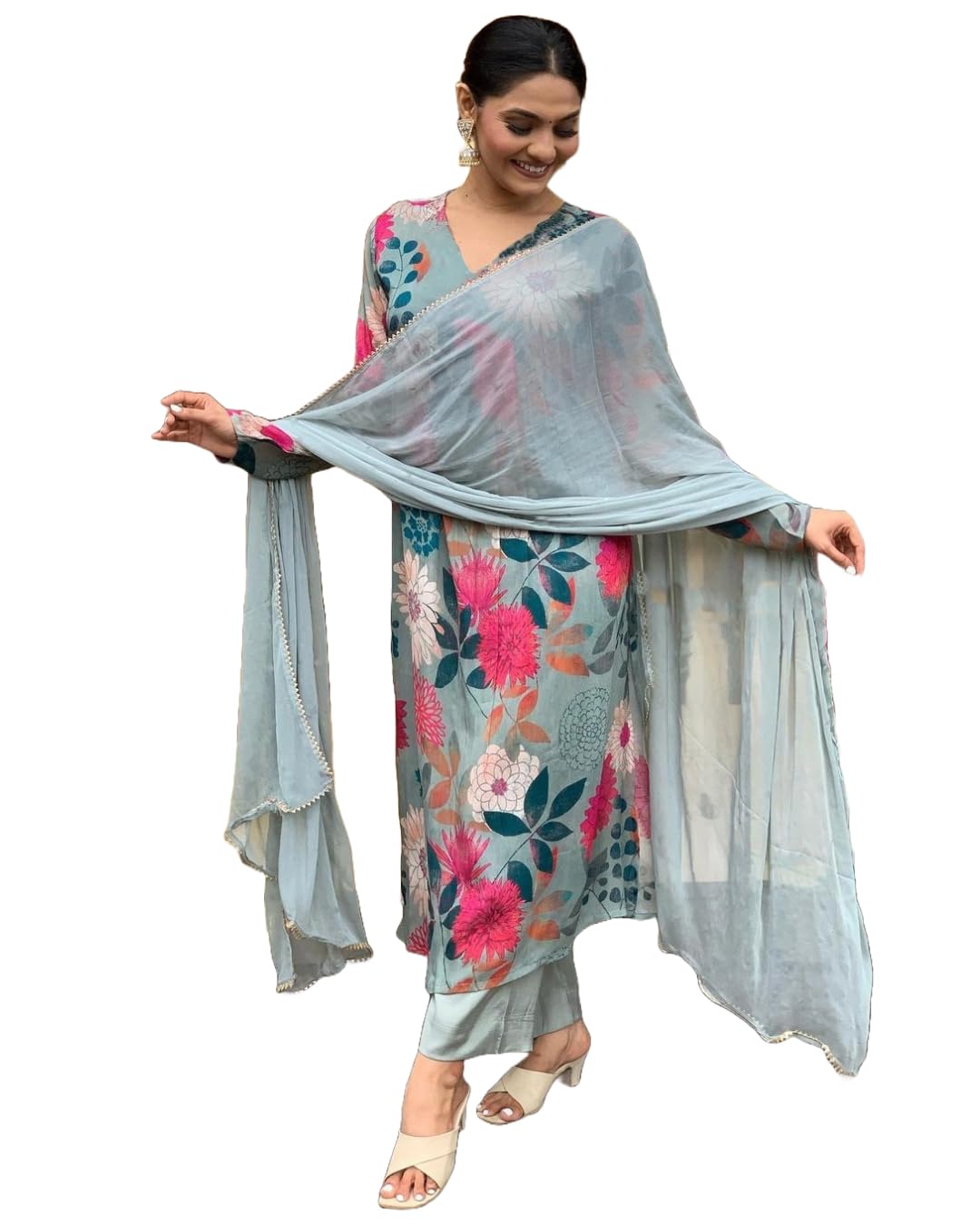 ANNI DESIGNER Womens Cotton Blend Straight Printed Kurta with Pant & Dupatta (AD312 Green_L_Green_Large)