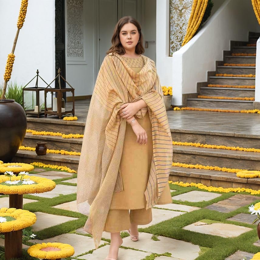 ANNI DESIGNER Women s Kurta with Trousers and Dupatta, Yellow, Medium