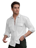 IndoPrimo Mens Regular Fit Fancy Double Pocket Casual Shirt for Men Full Sleeves - Cargo (in, Alpha, M, Regular, White)