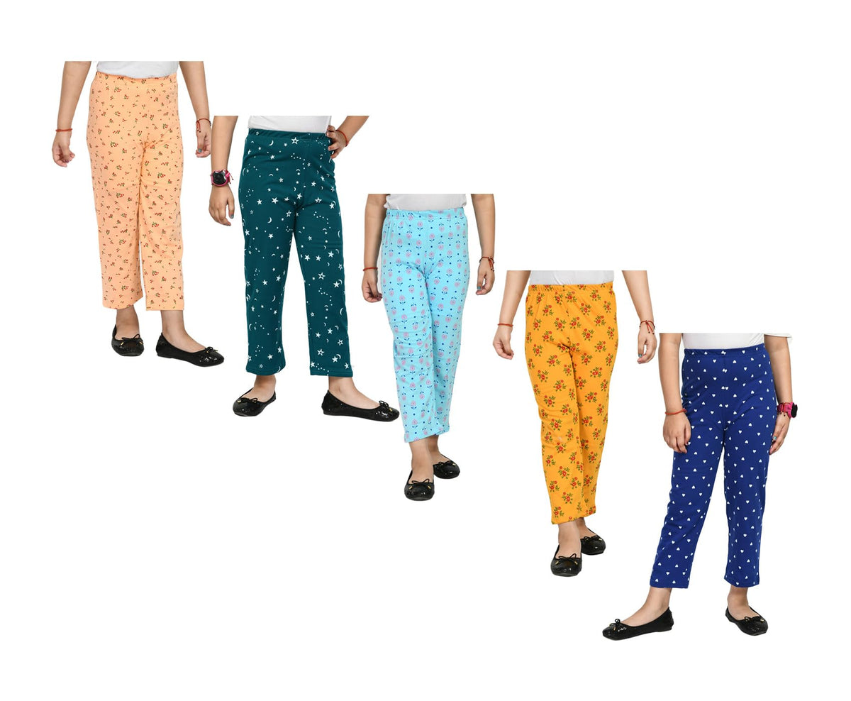 indi weaves Pack of 5 Girls Cotton Printed Pyjama | Soft Breathable Elastic Waist Night Pants for Girls | Comfortable Lounge Wea 14-15