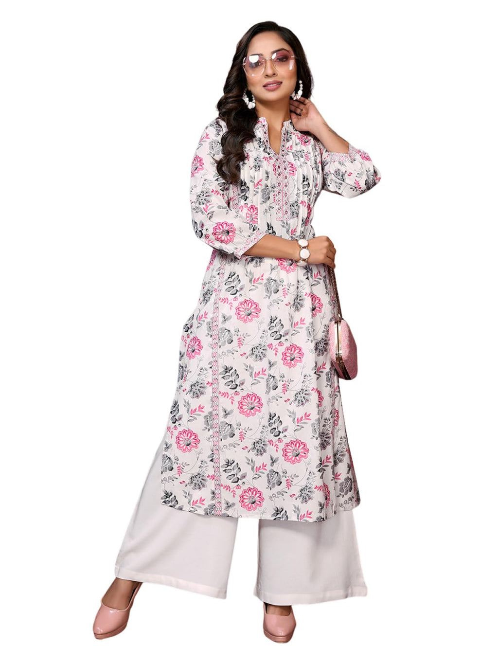 Rangita Pink Cotton Calf Length Embroidered A-Line Kurti | Kurta For Women_M