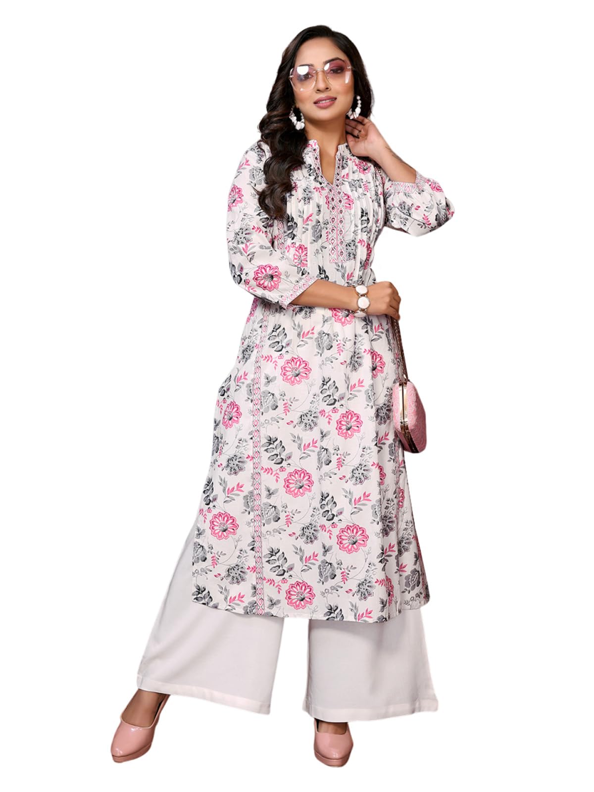 Rangita Pink Cotton Calf Length Embroidered A-Line Kurti | Kurta For Women_M