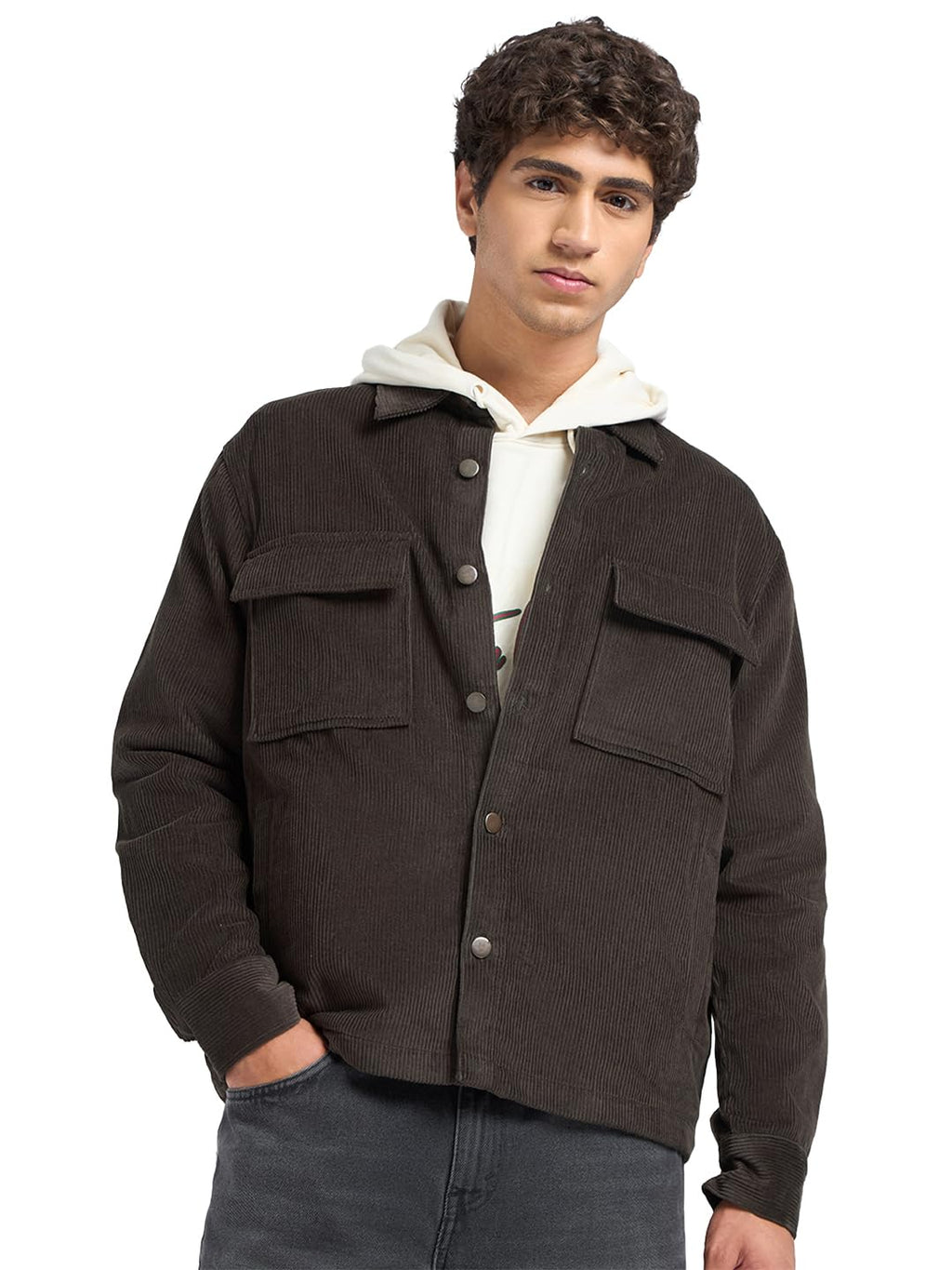 Bewakoof Men Solid Regular Fit Full Sleeve Collar Corduroy Jacket_684914_Brown_XL