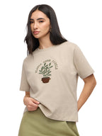 The Souled Store Plants Over Pixels Women and Girls Short Sleeves Round Neck Beige Embroidered Cotton Relaxed Fit T-Shirts