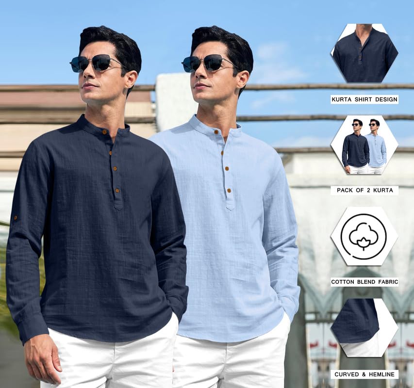 Royalscout Combo Of MenS Solid Cotton Blend Full Sleeve Straight Kurta Shirt (Pack Of 2) Navy-Sky