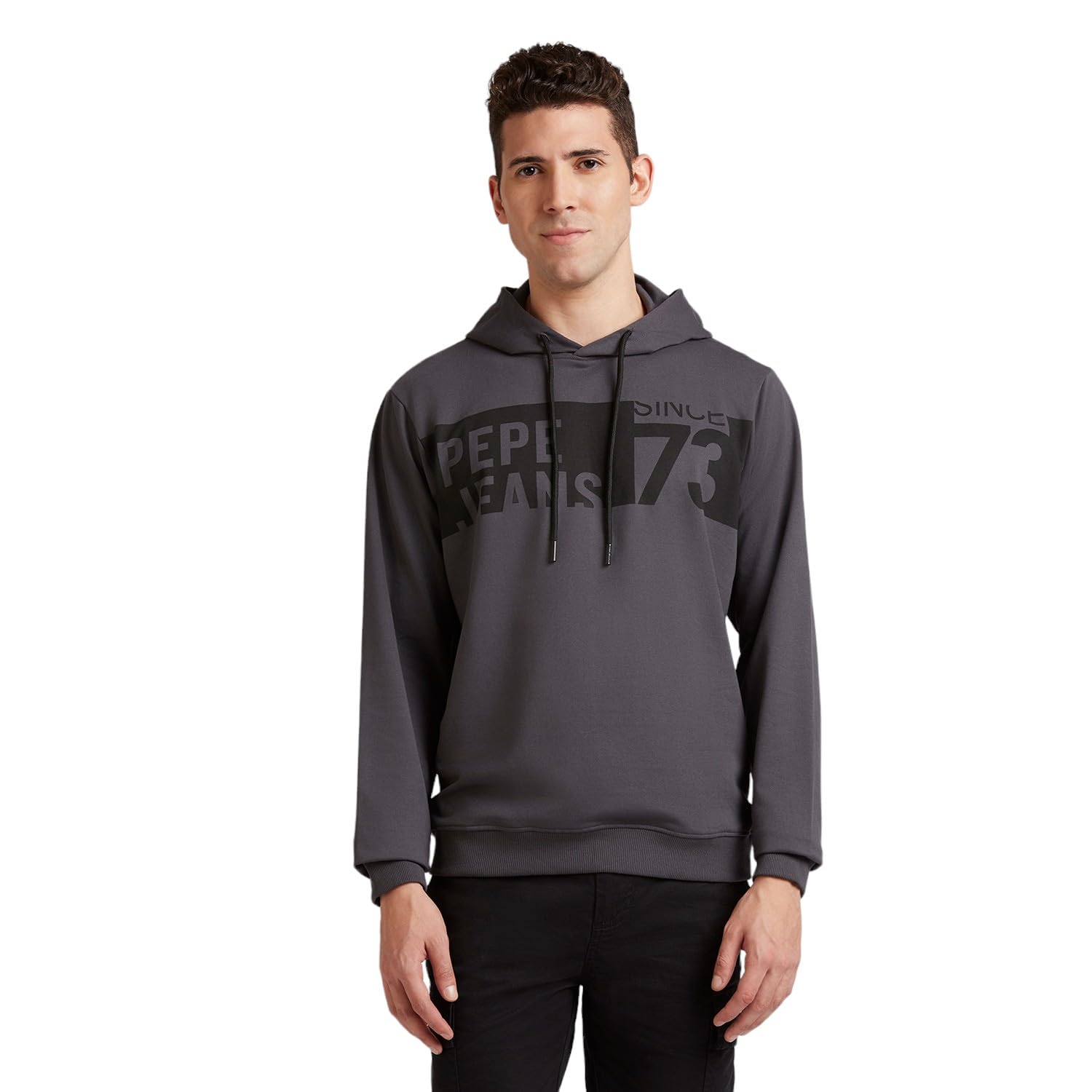 Grey Graphic Print Full Sleeve Hooded Sweatshirt