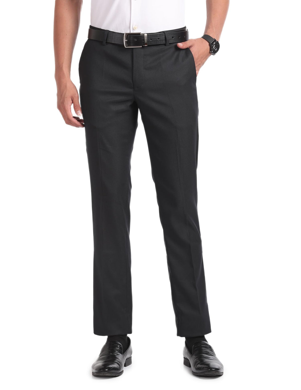 Arvind Navy Slim Fit Dobby Formal Trousers 34