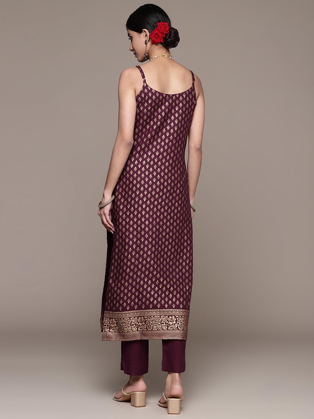 Ishin Women'S Viscose Rayon Printed Burgundy Straight Kurta Suit Set With Pants