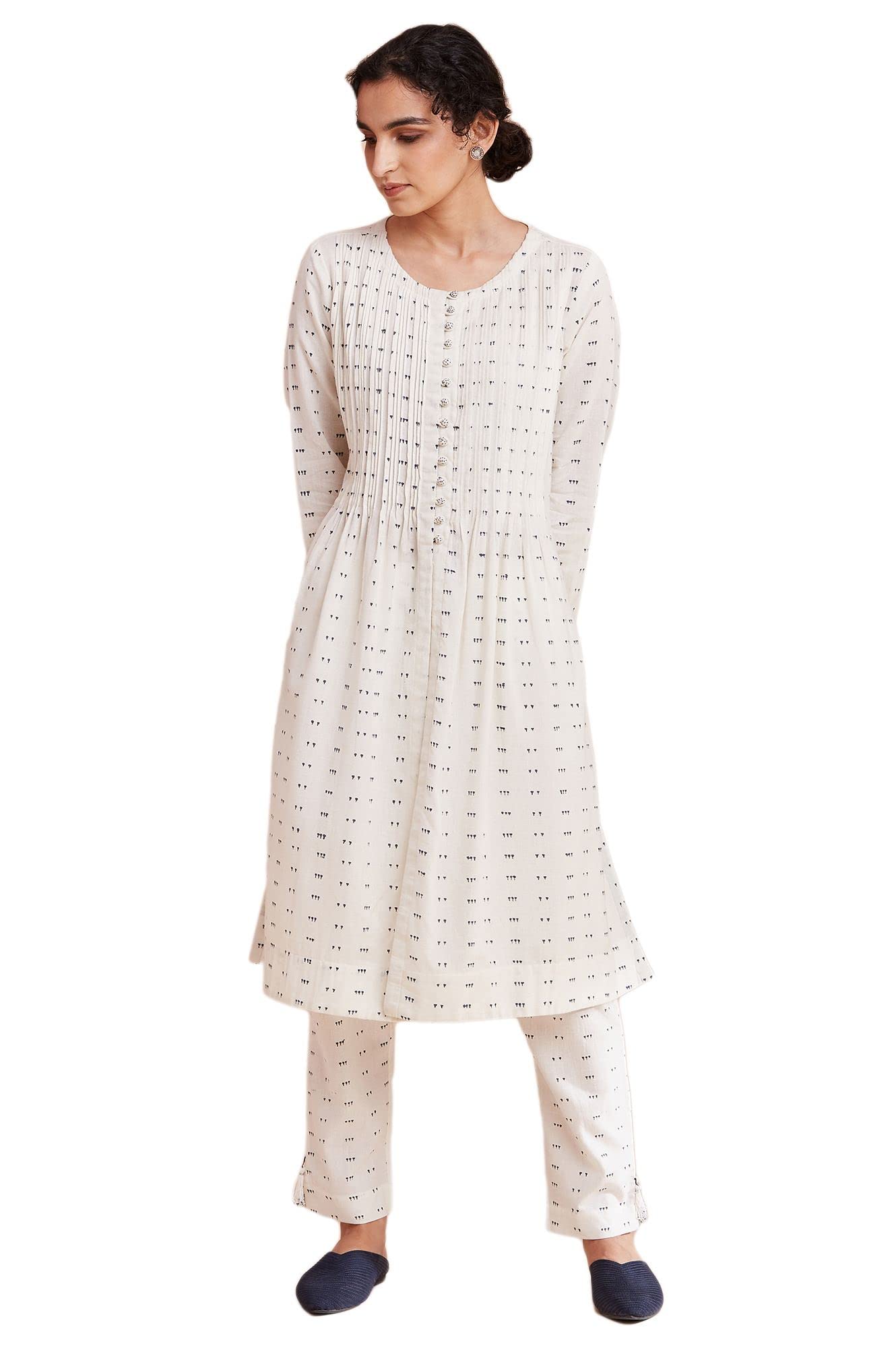 W For Woman Folksong By W Round Neck Kurta Block Print 38 L Full Slv White