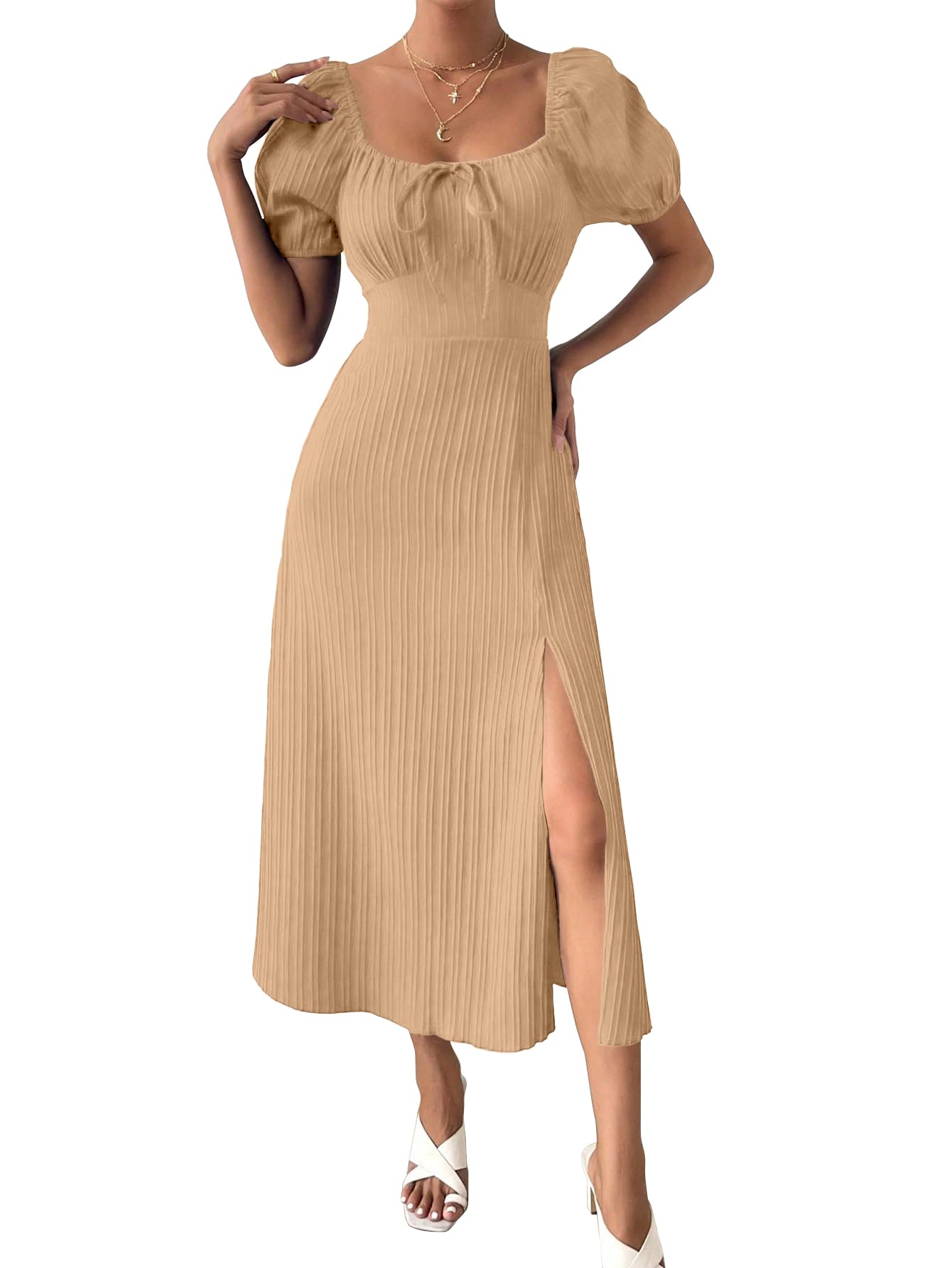 Shasmi Womens & Girls Beige Tie Front Split Thigh Milkmaid Maxi Dress  Square Neck Puff Sleeve A-Line Long Dress, Elegant Casu