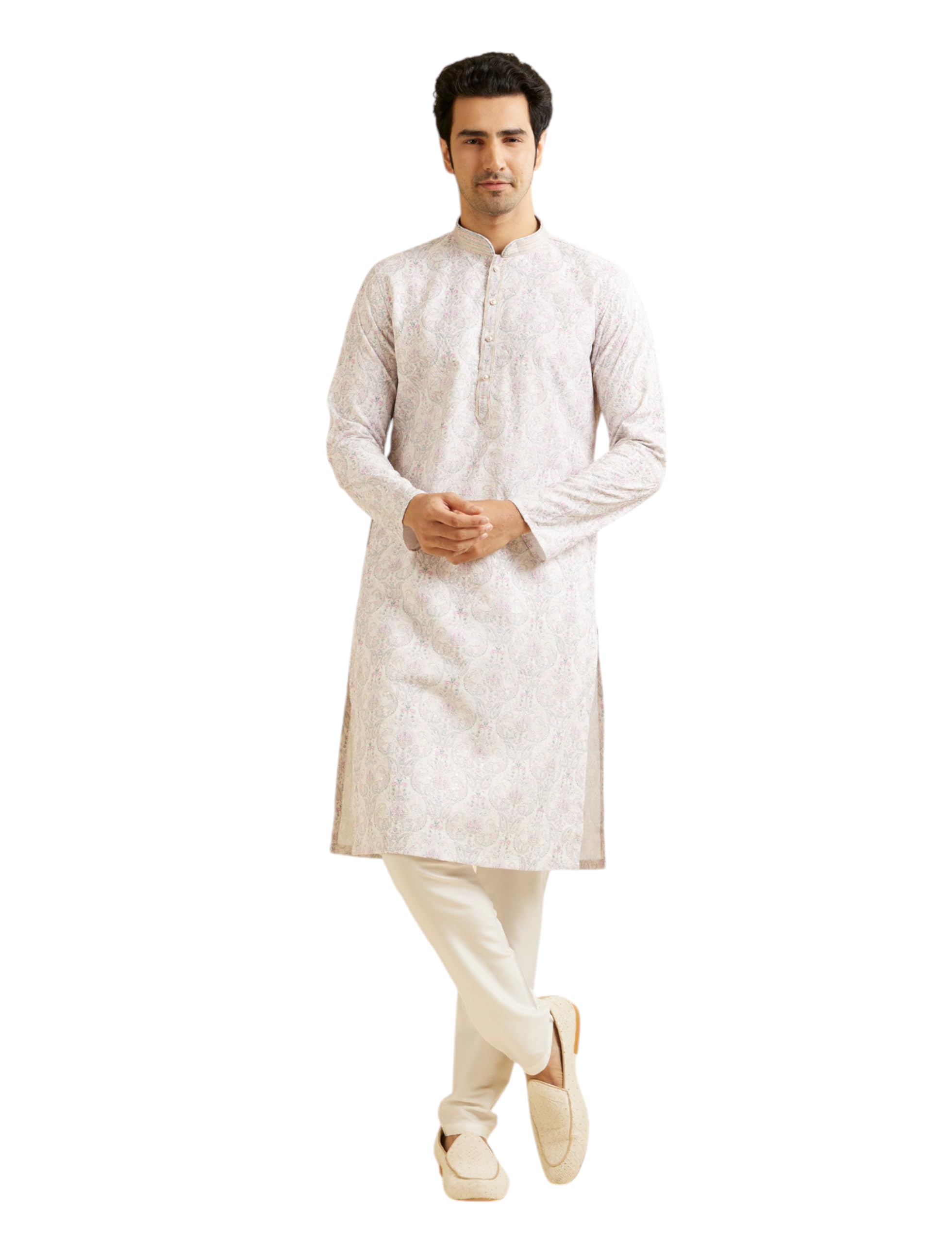 Manyavar MenS Cotton Blend Floral Print & Chikankari Kurta Set (Pink,Xxl)