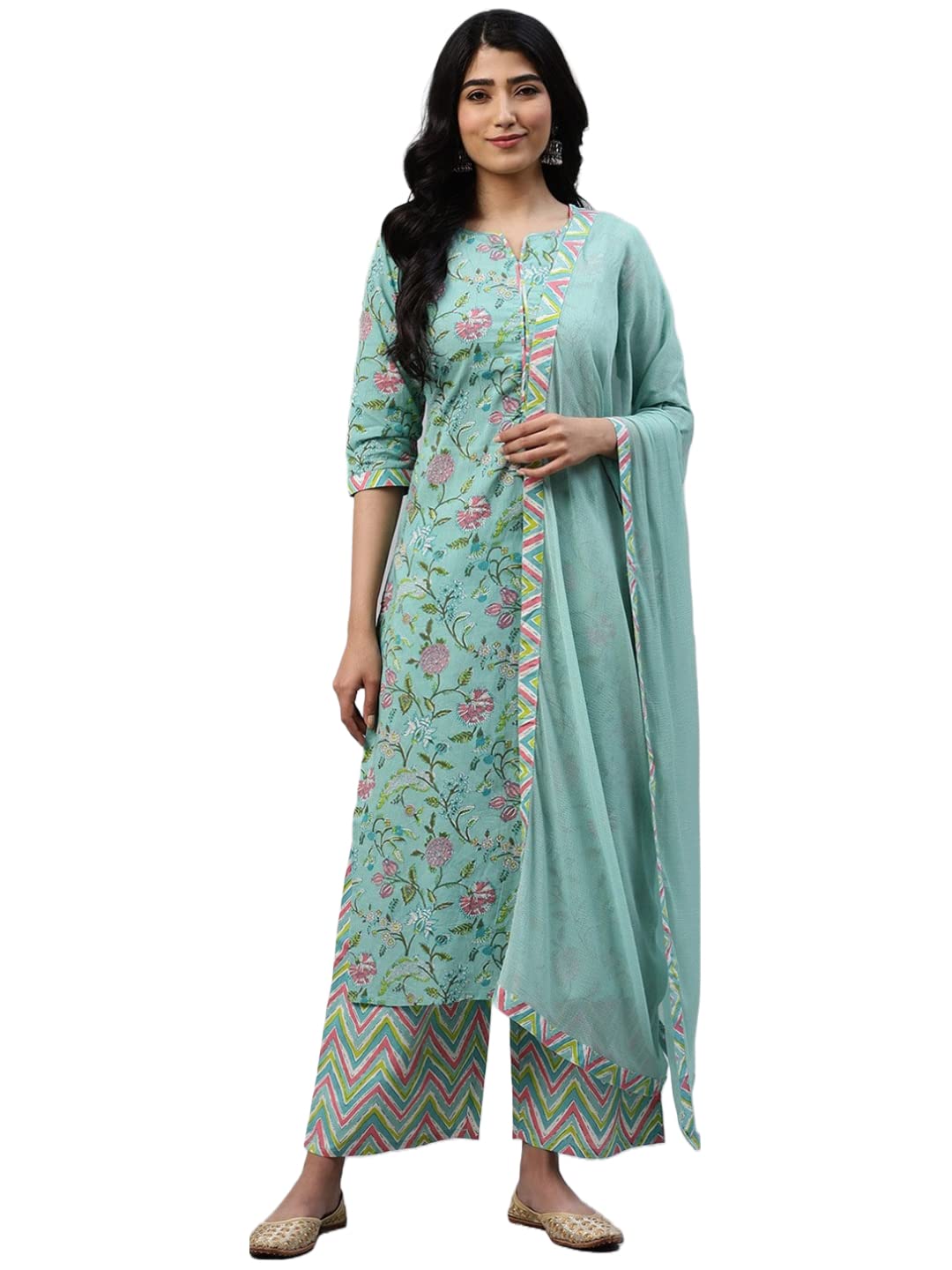 Gosriki Women'S Cotton Blend Floral Printed Straight Kurta With Palazzos & Dupatta (Panal-See Green_Xl-Gs_Green_X-Large)