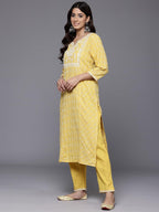 Varanga WomenS Mustard Woven Design Round Neck, Three Quarter Sleeves Paired With Tonal Bottom And Dupatta.