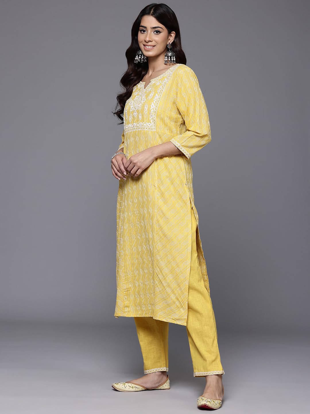 Varanga WomenS Mustard Woven Design Round Neck, Three Quarter Sleeves Paired With Tonal Bottom And Dupatta.