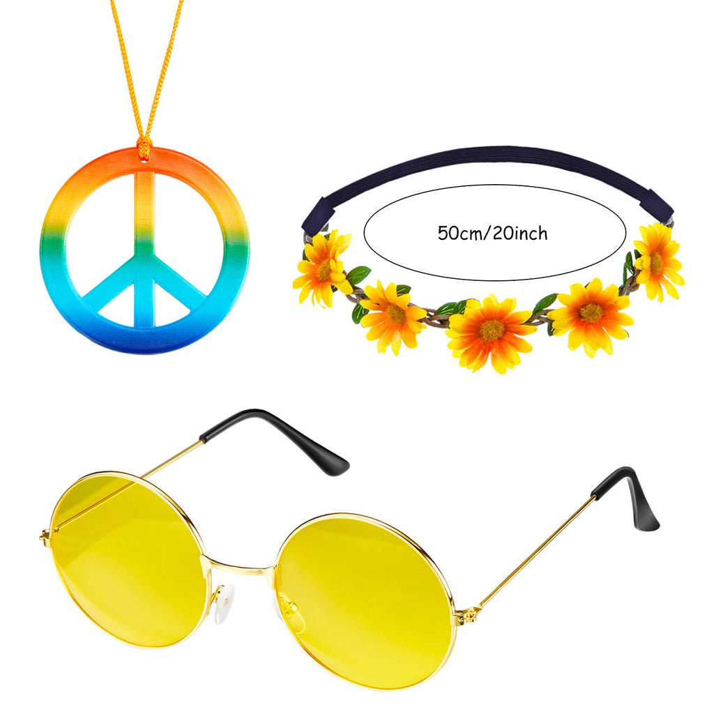 Frienda 24 Pieces Hippie Costume Accessories Set 60s 70s Party Decorations Hippie Includes Boho Peace Sign Necklaces Daisy Sunfl