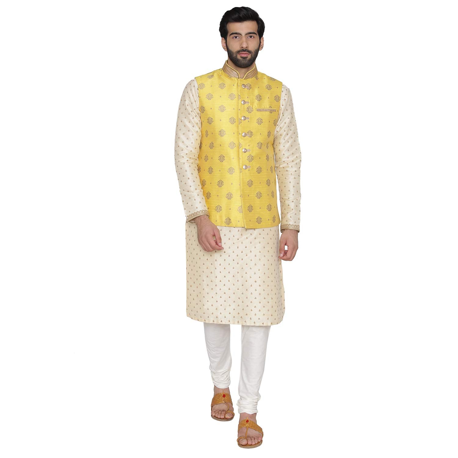 Manyavar Mens Art Silk Jacket (JAC149_Yellow_M)