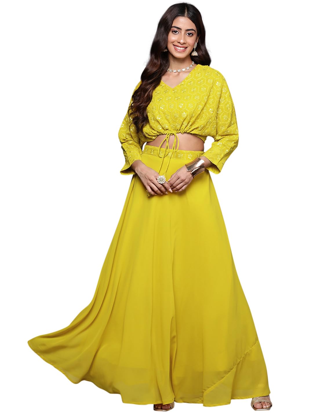 Libas Womens Embroidered Georgette Lehenga Choli Set With Dupatta