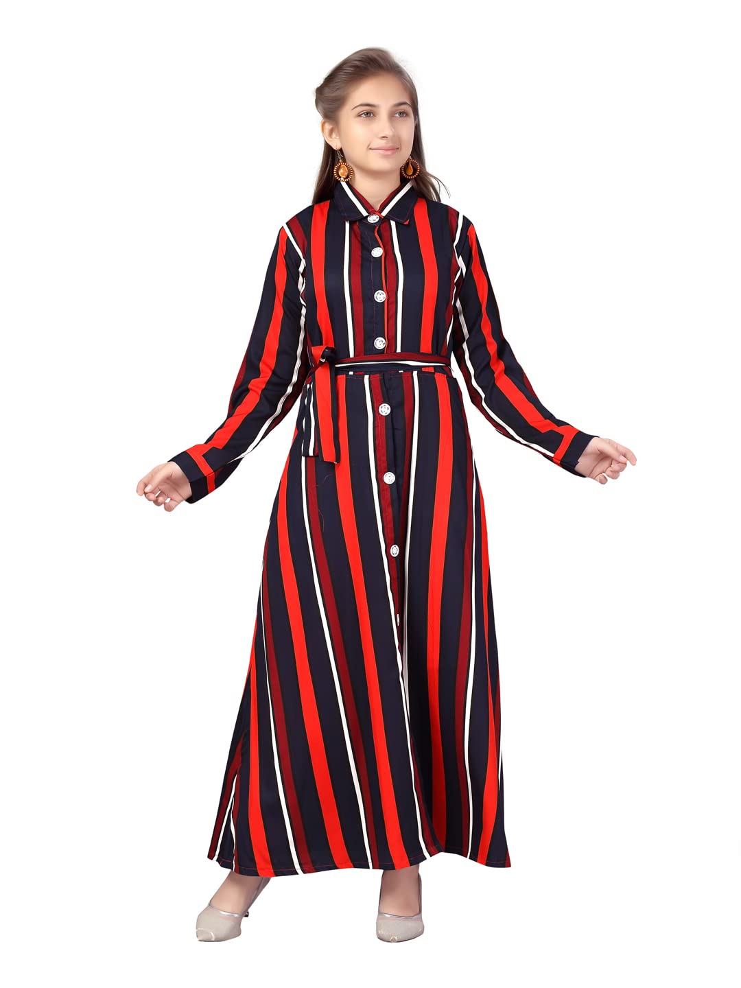 Aarika Girls Cotton Blend A-Line Ankle Length Dress (MD-A-22522_Red-Navy Blue