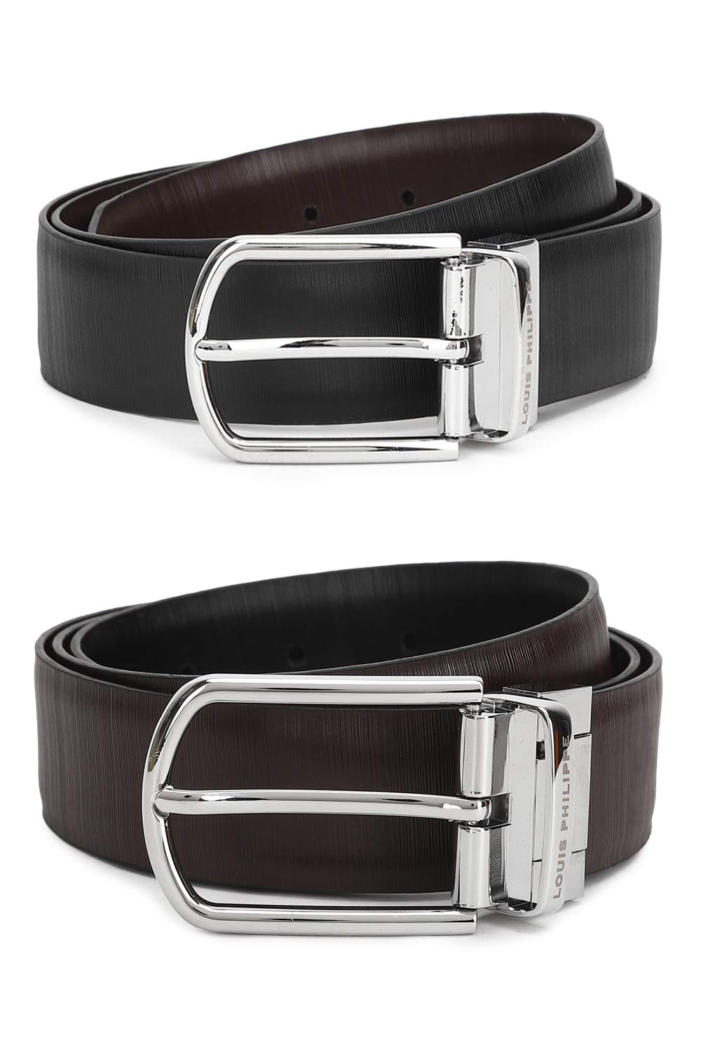 Louis Philippe Men Black & Brown Solid Reversible Formal Italian Leather With Brush Nickel Buckle Slim Belt