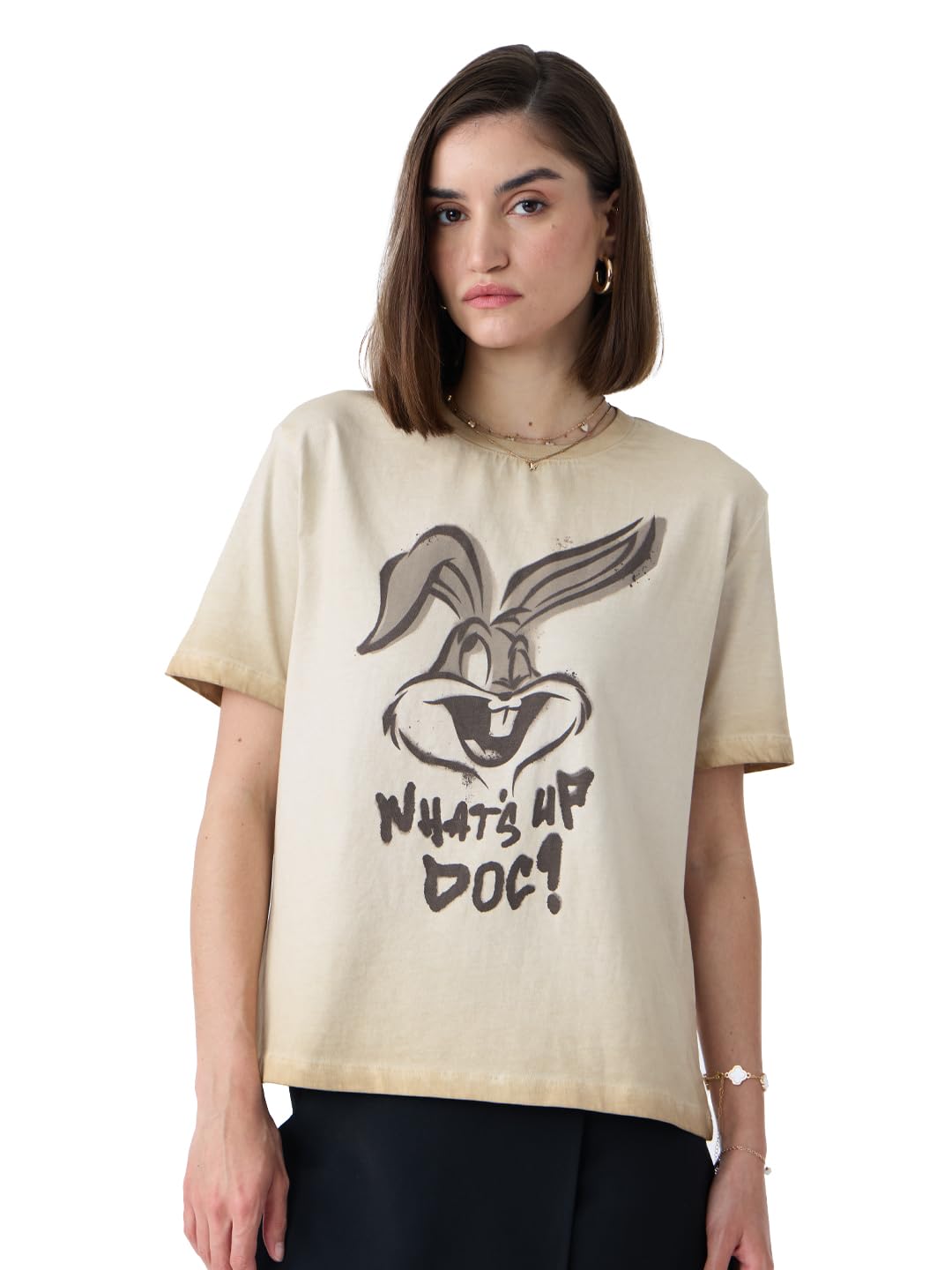 The Souled Store Bugs Bunny: Whats Up Doc Women and Girls Short Sleeves Round Neck Beige Graphic Printed Cotton Relaxed Fit T-S
