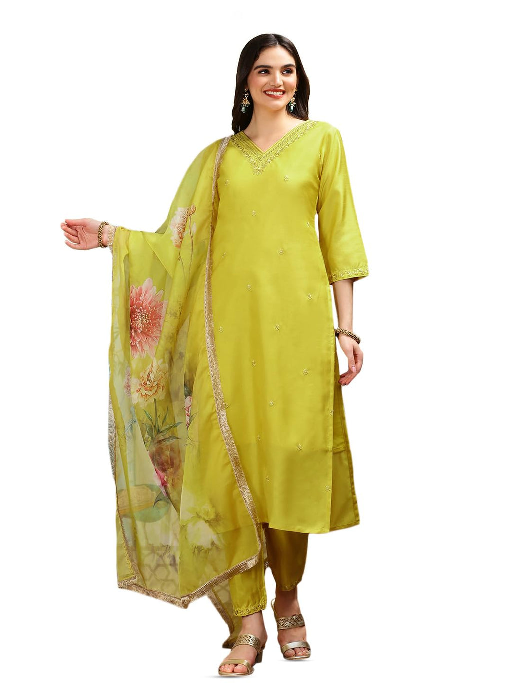 Ishin Floral Embroidered V-Neck Three-Quarter Sleeves Silk Chiffon Kurta Set | Kurta Set For Women | Kurta With Trousers And Dup