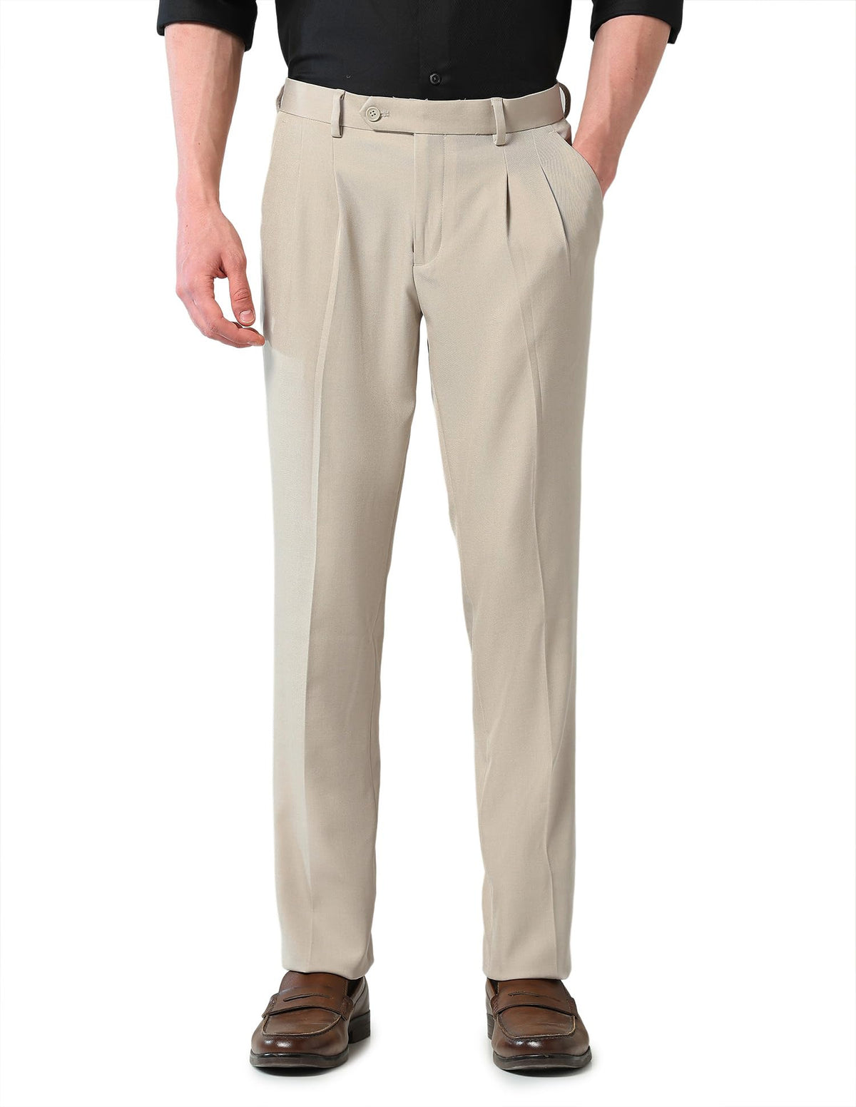 Arvind Beige Mid Rise Pleated Formal Trousers 34