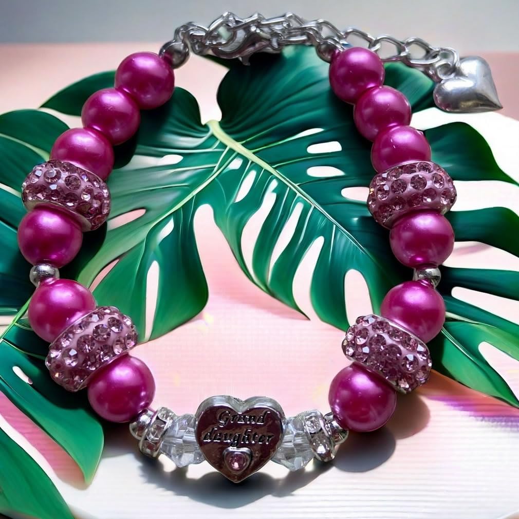 DOLON Dark Pink Glass Pearl Color Rhinestone Granddaugther Charm Bracelet Jewelry Wedding Bridal Birthday Christmas